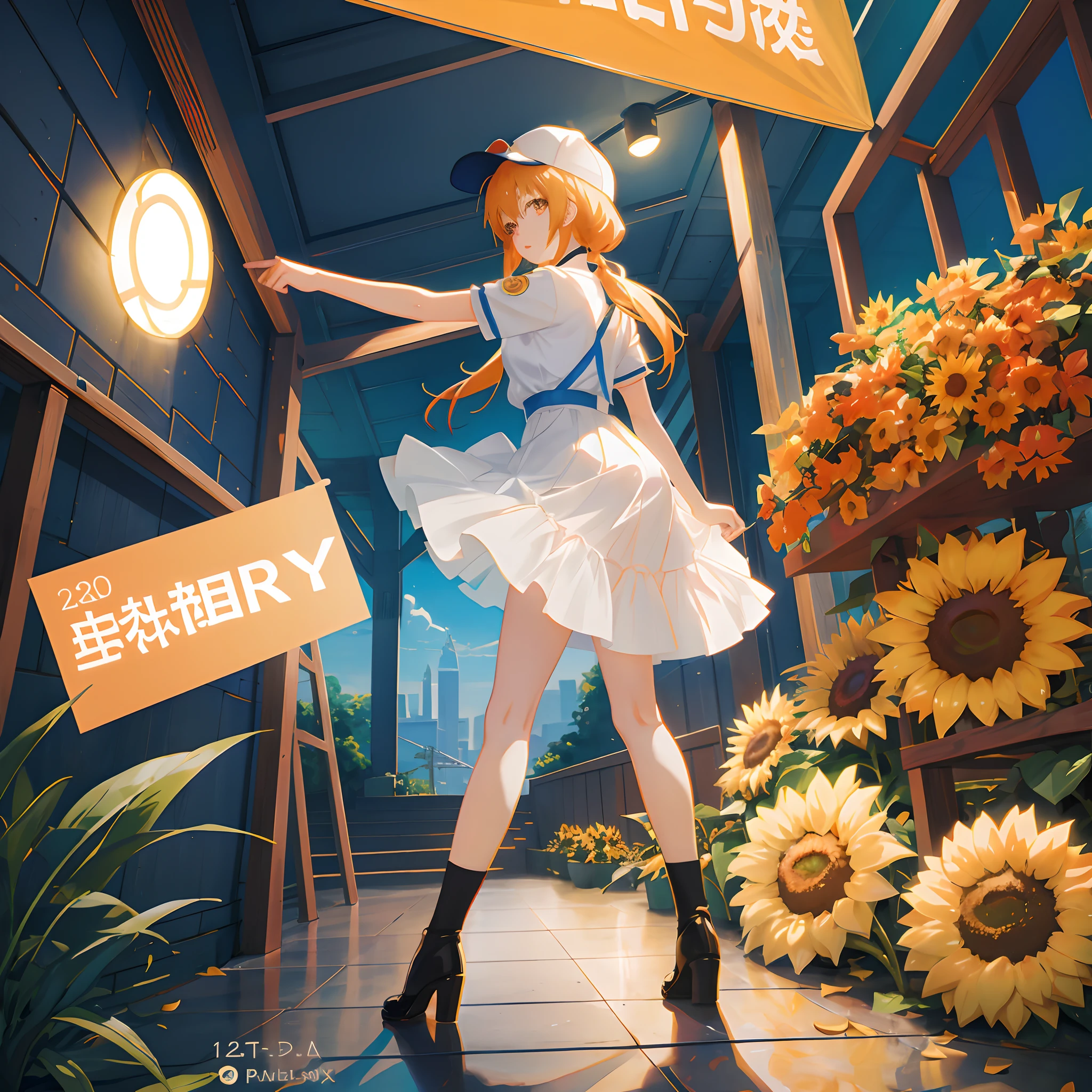 beautiful sunflower anime girl, Realistic anime 3 D style, An anime cover, anime styled digital art, （tmasterpiece：1.2，high high quality），Orange，A little sunshine，cap，Single horsetail，s girl，full bodyesbian，Stand up