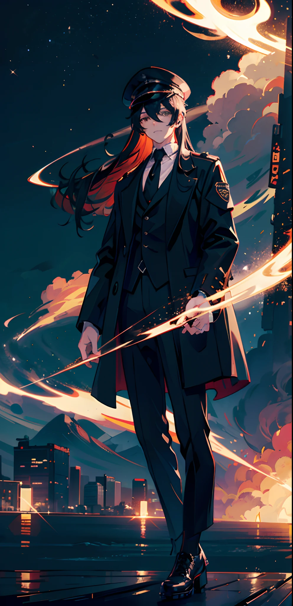 a man, neutral expression, long hair, black hair, combat boots, long black jacket, very baggy black trousers, white undershirt, black tie, black pilot hat, city background, at night, starry sky, sly smile, genshin impact character trailer style, sparkles