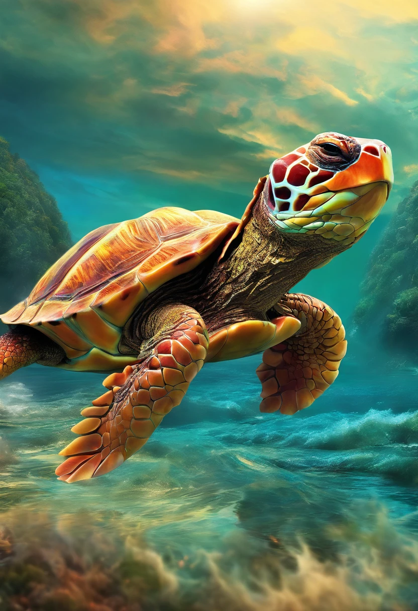 Dragon turtle，Dragon head snake tail turtle body，Heavy tortoiseshell shell，Huge waves，the detail，super-fine，Ultra photo realsisim，Hyper-realistic，Works of masters，8K wind resolution，OC renderer，