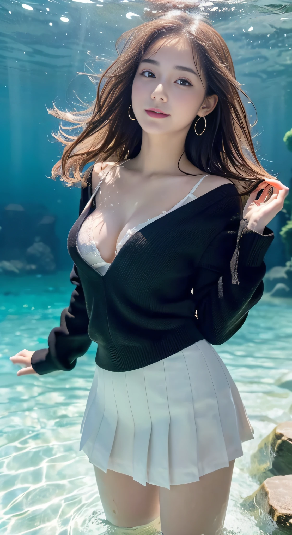 (32k,high detal,high-resolutionhigh-resolution,Attention to detail,full body Esbian,1 girl:1.3),Raw photo & realistic atmosphere,beautiful dark blue eyes,Detailed mouth,Glossy lips,Detailed eyebrows,Soft white skin that shines with every detail,Eyes drawn in detail、Blue eyes,Very beautiful eyes,Detailed lips、Very beautiful face,Very well-formed face、Lifelike face,shiny beautiful lips, very beautiful school girl, Japanese ido,Korean Idols,Japan Kids Model,Japan fashion models, Kids models from around the world, Cute15 li girl,with a flushed face,Incredibly cute16 year old sc,(Dynamic sexy pose with glittering lights and fantastic crystal clear water,Swim dynamically underwater,Cute 16 year old scermaid in the water:1.6),(Looking at the camera,Cinematic scenes:1.3),(discreet well-shaped breasts,Immature body,Moist eyes,kindly smile:1.2),(Neat sexy16 year old beautiful girl,From below,Be curin from the under,Wide-angle shooting from below,Beautiful blonde hair spreads in the water,A sexy16-year-old loli girl1a person,Hair is wet,The whole is med schoolgirl uniform,micromini skirt,Light blue lace underwear,Bathing in water,Sexy Loli Girl with Baby Face,Sexy atmosphere,Medium chest,Golden earrings, Girlloating in water Hair floating in water:1.5)