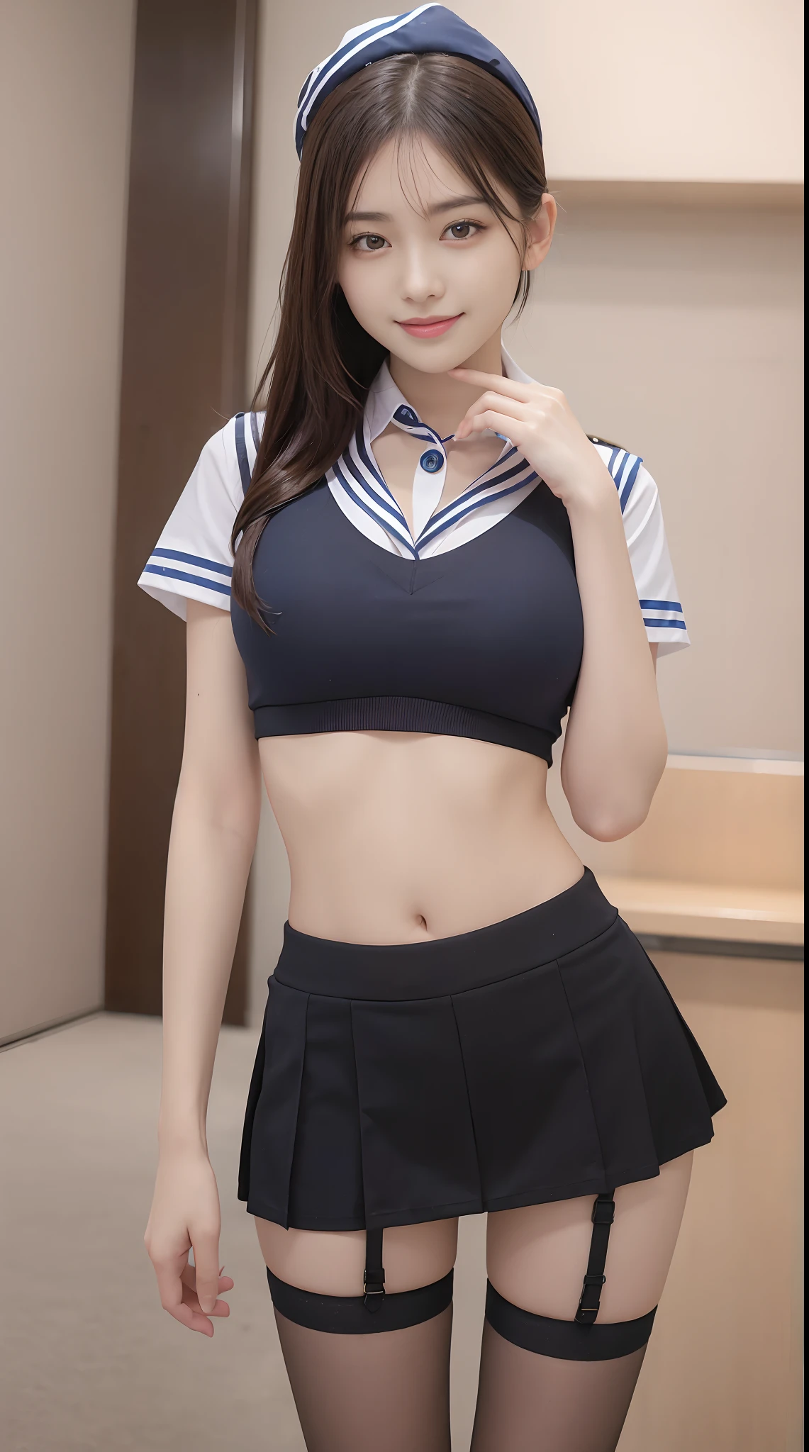 (Top Quality, 4k, Masterpiece: 1.3), Beauty, Ultra Realistic, 1 Girl, (Huge breasts, Attractive Body: 1.5), girl, Uniform, Navel, Mini Sailor, Black Hair, Smile, Mini Skirt,