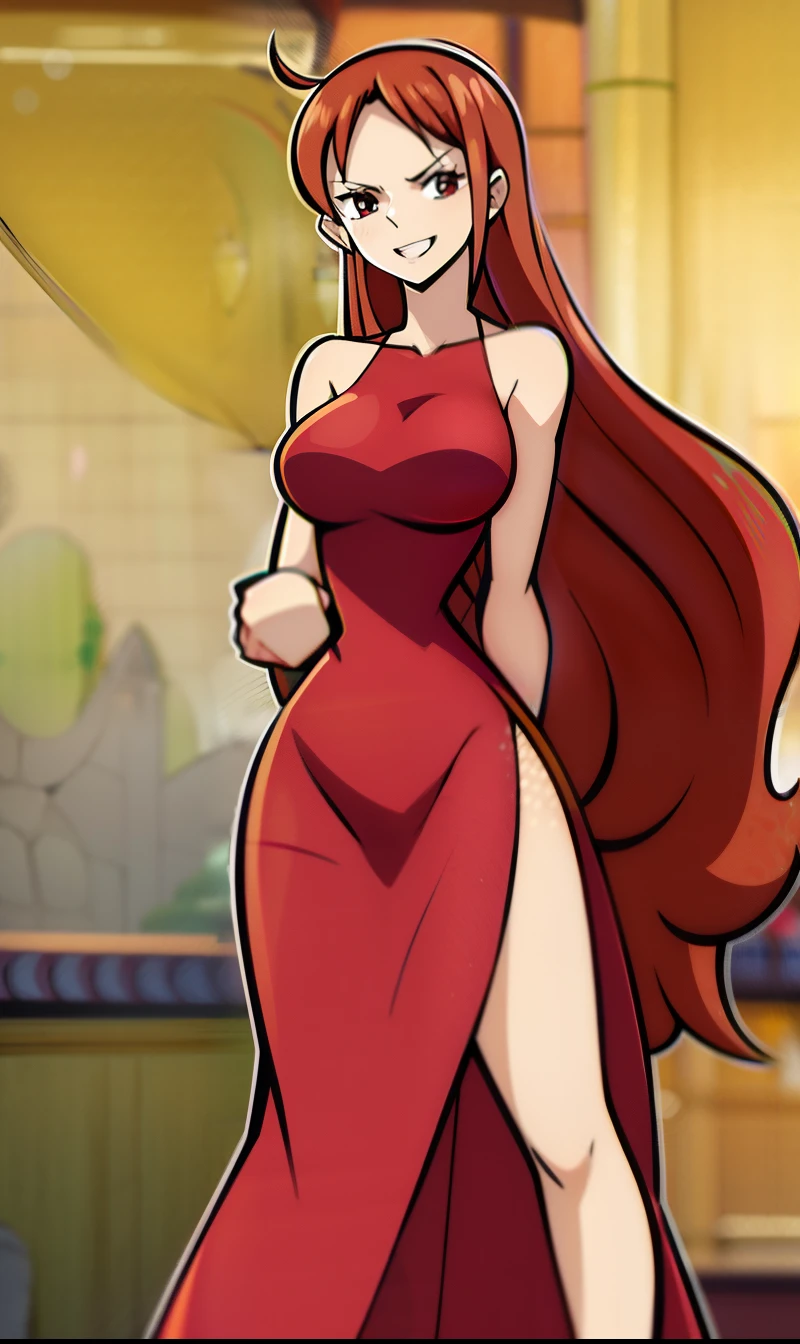 JessicaWaifu, Massive , elbow gloves, green eyes), Massive and Deep cleavage, red lips, (strapless dress) (red hair) (red dress), ((She has a mature figure, her cleavage is Massive and Deep)) b