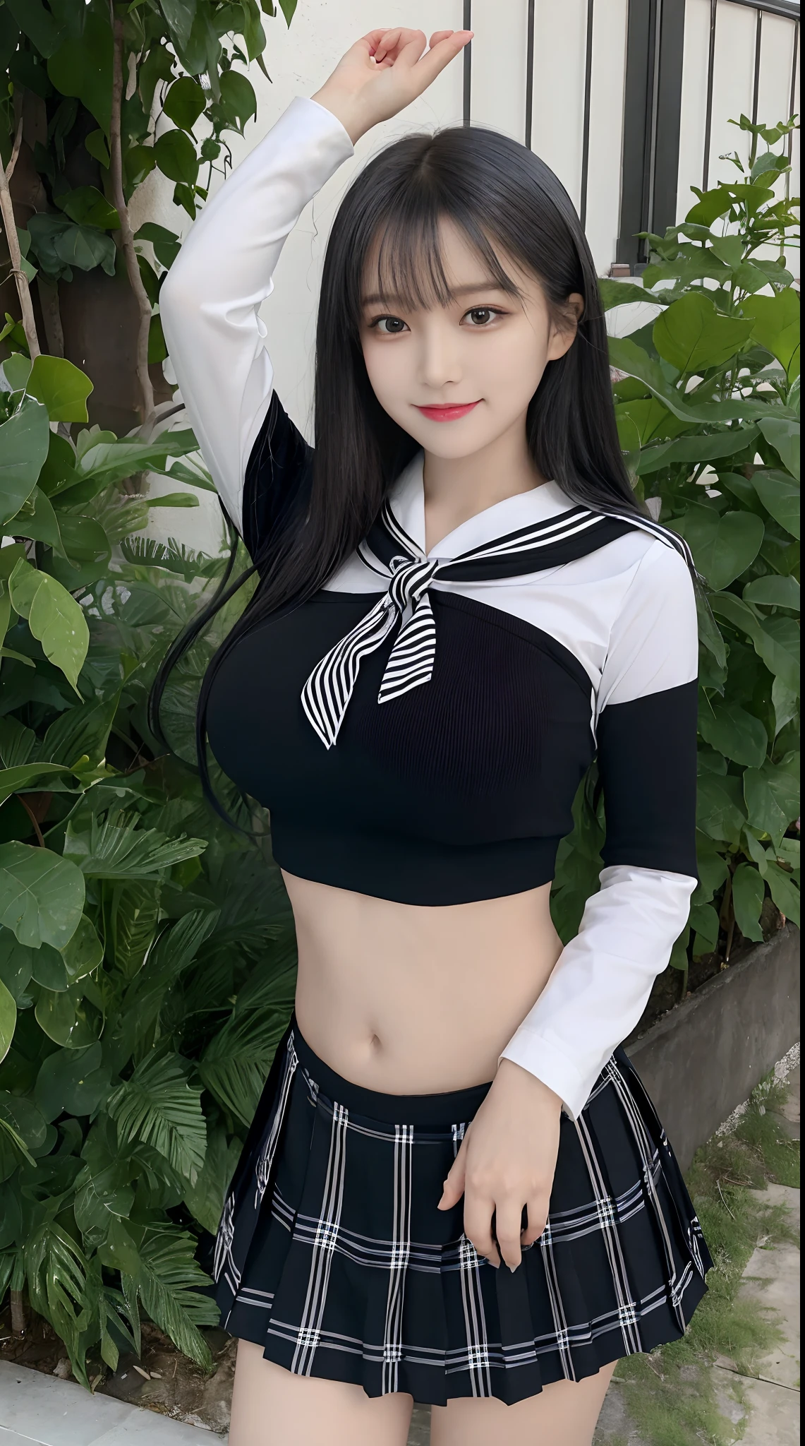 (Top Quality, 4k, Masterpiece: 1.3), Beauty, Ultra Realistic, 1 Girl, (Huge breasts, Attractive Body: 1.5), Schoolgirl, Uniform, Navel, Mini Sailor, Black Hair, Smile, Mini Skirt,