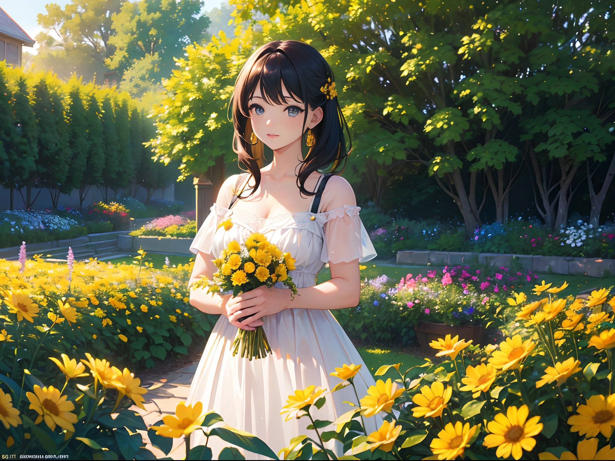 (extremely detailed, perfect face, HDR, perfect anatomy, high quality, 1girl, 8k, 4k, RAW photo), real-life-like garden, vivid colors, golden sunlight, blooming flowers, gentle breeze, elegant dress, natural pose, dreamy atmosphere