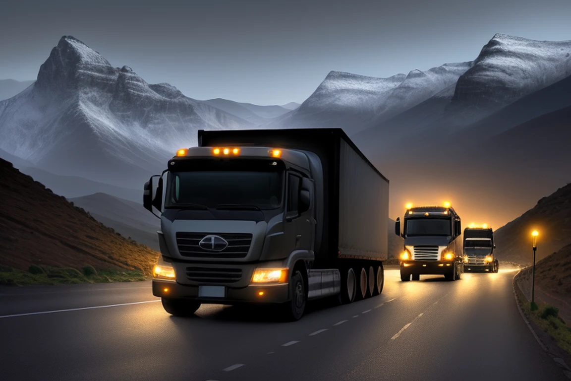 In the dark of night, there are no street lights, curvy mountain roads, black mountains, mountains, truck convoys driving through the mountains