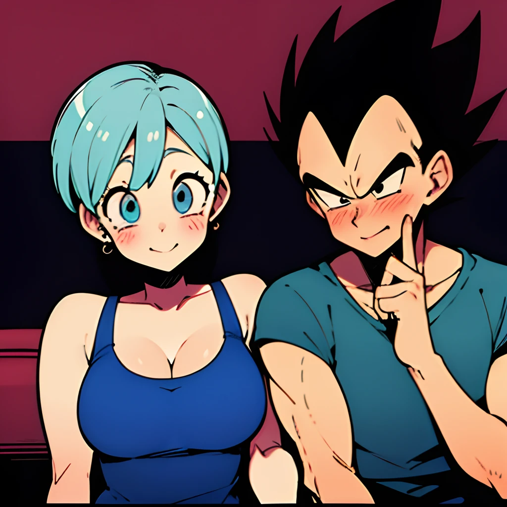 masutepiece, Best Quality, absurderes, Wallpaper, Detailed face, Detailed eyes, Vegeta and Bulma together on a date, Vegeta shy blushes、Bulma grins, 1guy, 1girl in,