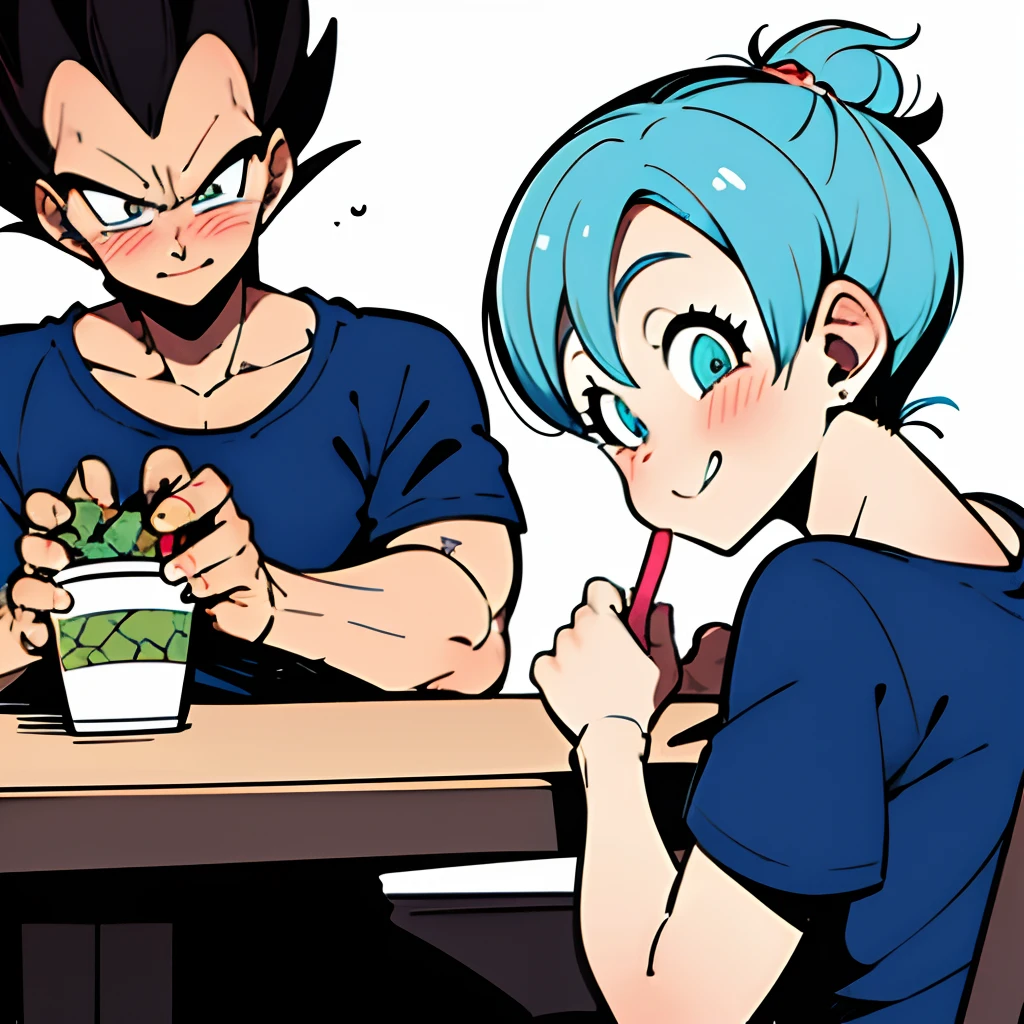 masutepiece, Best Quality, absurderes, Wallpaper, Detailed face, Detailed eyes, Vegeta and Bulma together on a date, Vegeta shy blushes、Bulma grins, 1guy, 1girl in,