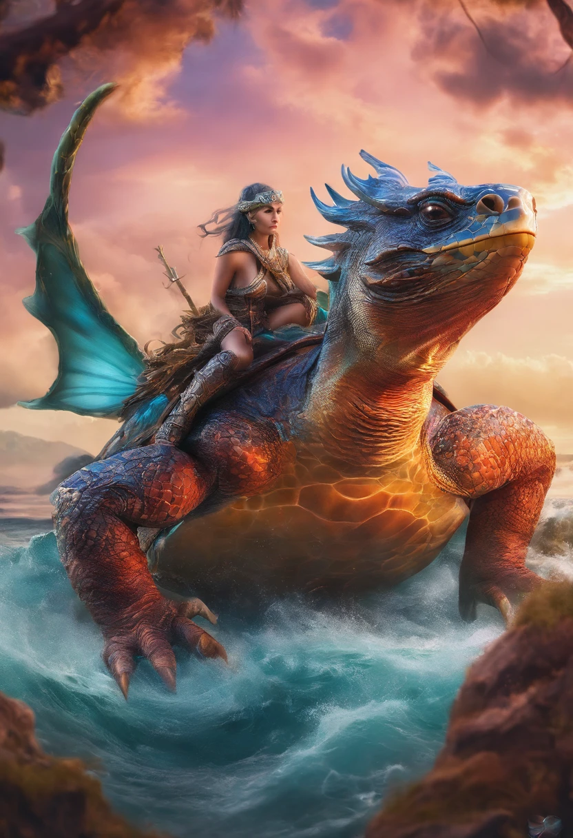 Dragon turtle,Dragon head snake tail turtle body,Stout limbs,Heavy tortoiseshell shell,Huge waves,the detail,super-fine,Ultra photo realsisim,Hyper-realistic,Works of masters,8K wind resolution,OC renderer,