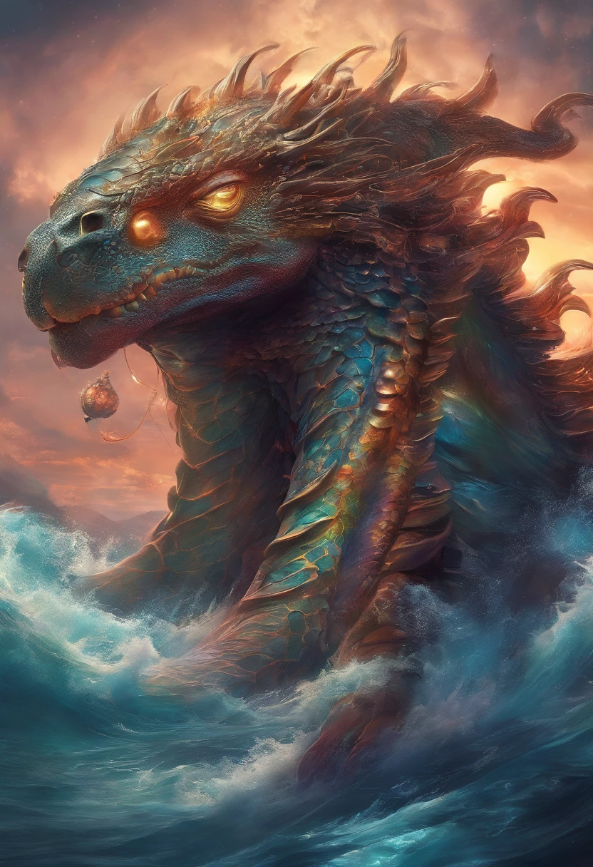 Dragon turtle，Dragon head snake tail turtle body，Stout limbs，Heavy tortoiseshell shell，Huge waves，the detail，super-fine，Ultra photo realsisim，Hyper-realistic，Works of masters，8K wind resolution，OC renderer，
