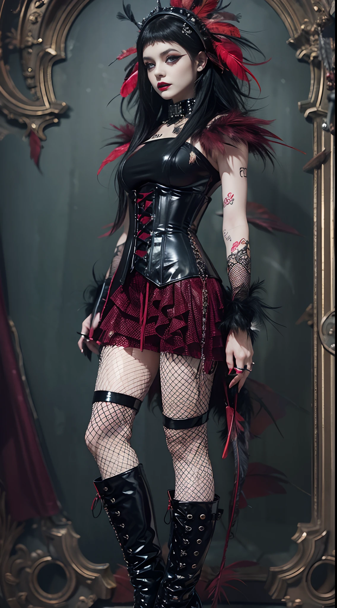 Goth Gals,She emerged from the traditional red phone booth wearing a studded PVC corset,There are feathers on the shoulders, kneehigh boots,(fish net leggings).