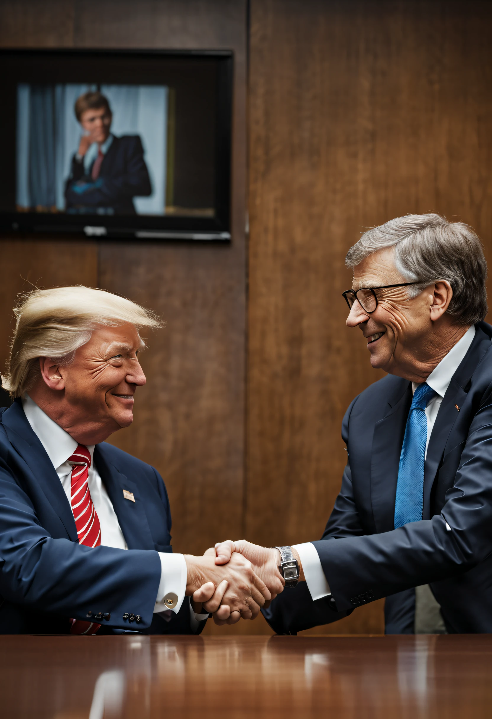 Bill Gates shake hands with  Donald Trumps in a meeting room with people clapping with joy (best quality:1.4), (ultra highres:1.2), (photorealistic:1.4), (direct front portrait shot)(8k, RAW photo:1.2),(portrait shot:1.4),