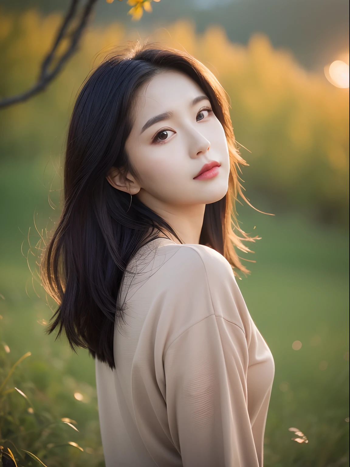 Photo of a Beautiful Korean kpop idol Woman, Autumn evening, Professional iPhone photo art photo,Riverside wilderness,Wildflower background,affectionate expression,Turn your back to the camera,sideface,Breezy hair,Look into the distance