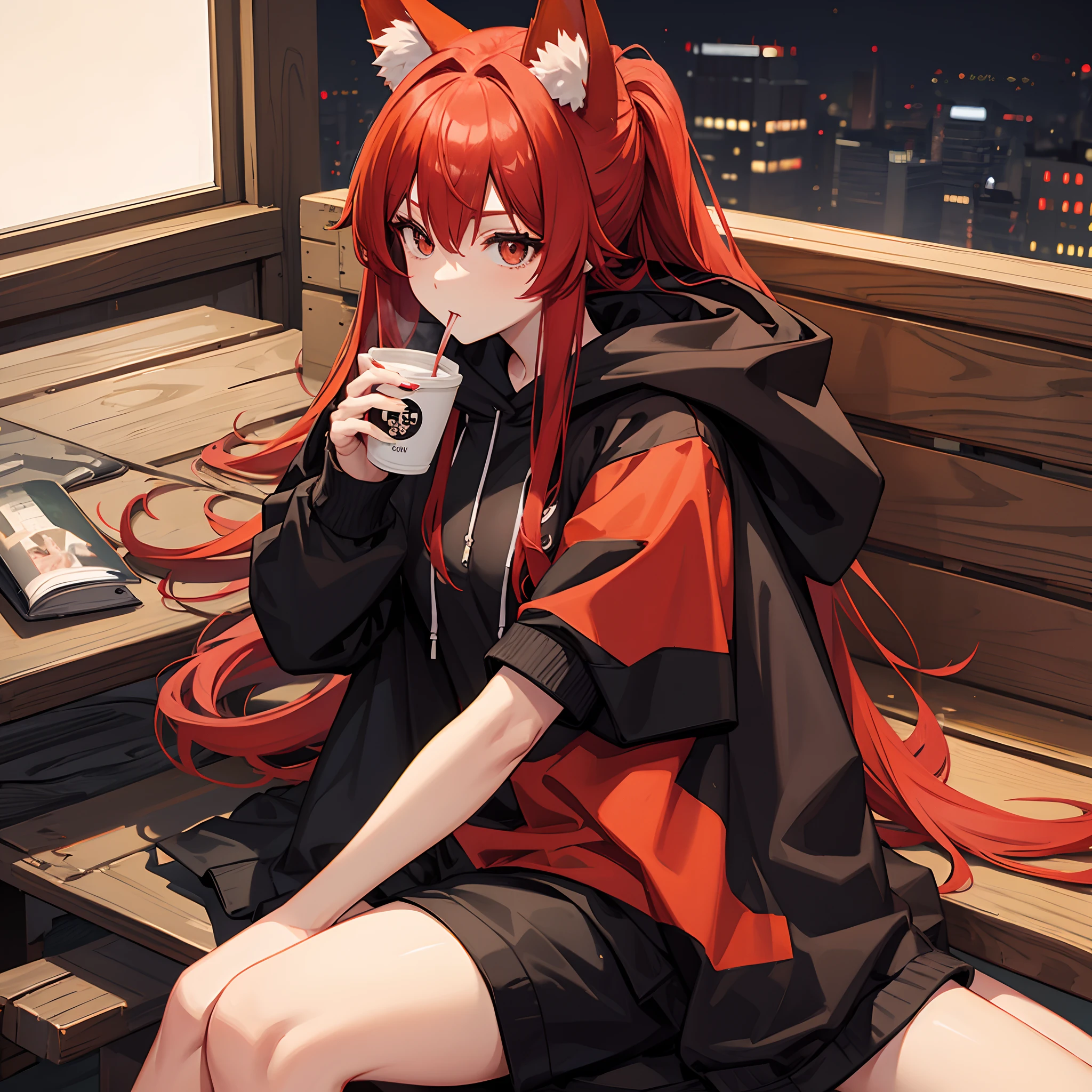 A woman with red hair, fox ears, nine fox tails, wearing a black hoodie, drinking a coffee alone, sitting, chill, mommy