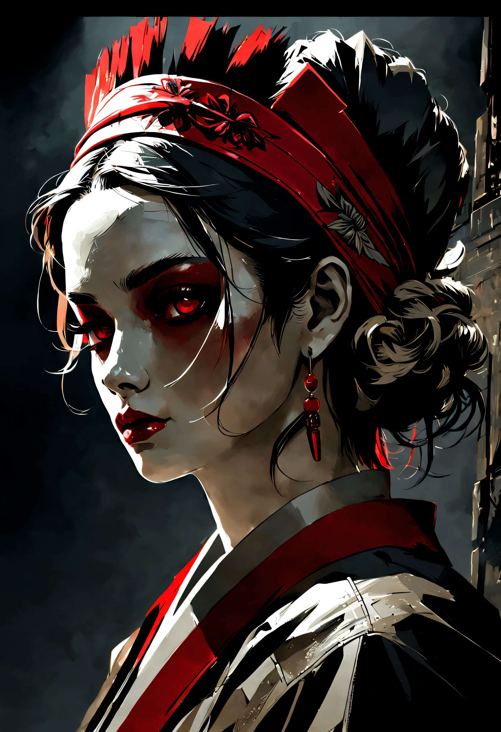 Portrait of Josels,Dramatic lighting, putting makeup on, Illustration by Greg rutkowski,Ruins toot, Dark, Highly detailed face, The headband is red ,yoji shinkawa, 4K, Digital art, concept-art, trending on artstationh