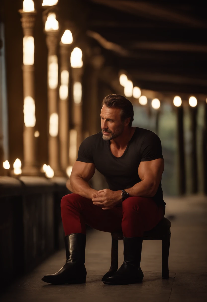 mature male, extremely muscular, yeux bruns, brown hair up to the shoulders, Wear tanned Greek evzonas with red details, De grandes bottes noires, dehors, pont de navires en bois, 8k, Moteur Unreal, highly detailed, Angle dramatique,,