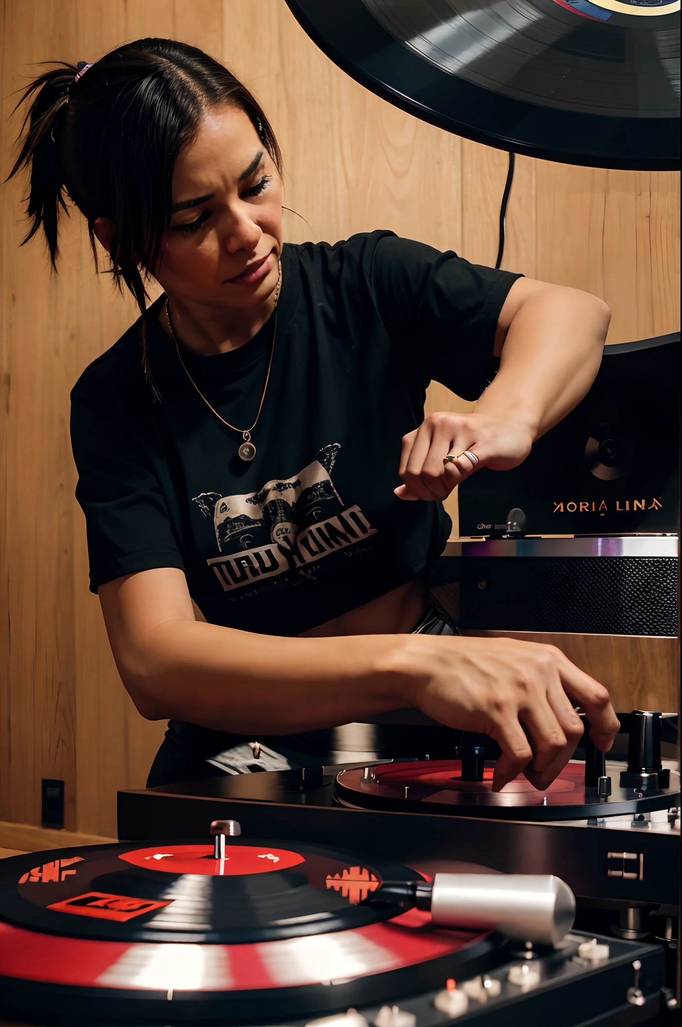 With trembling hands, DJ Luna grabs the vinyl, unleashing a furious scratch. The sound is primal, like a wounded animal's cry. The turntables spin faster, matching the intensity of her emotions.