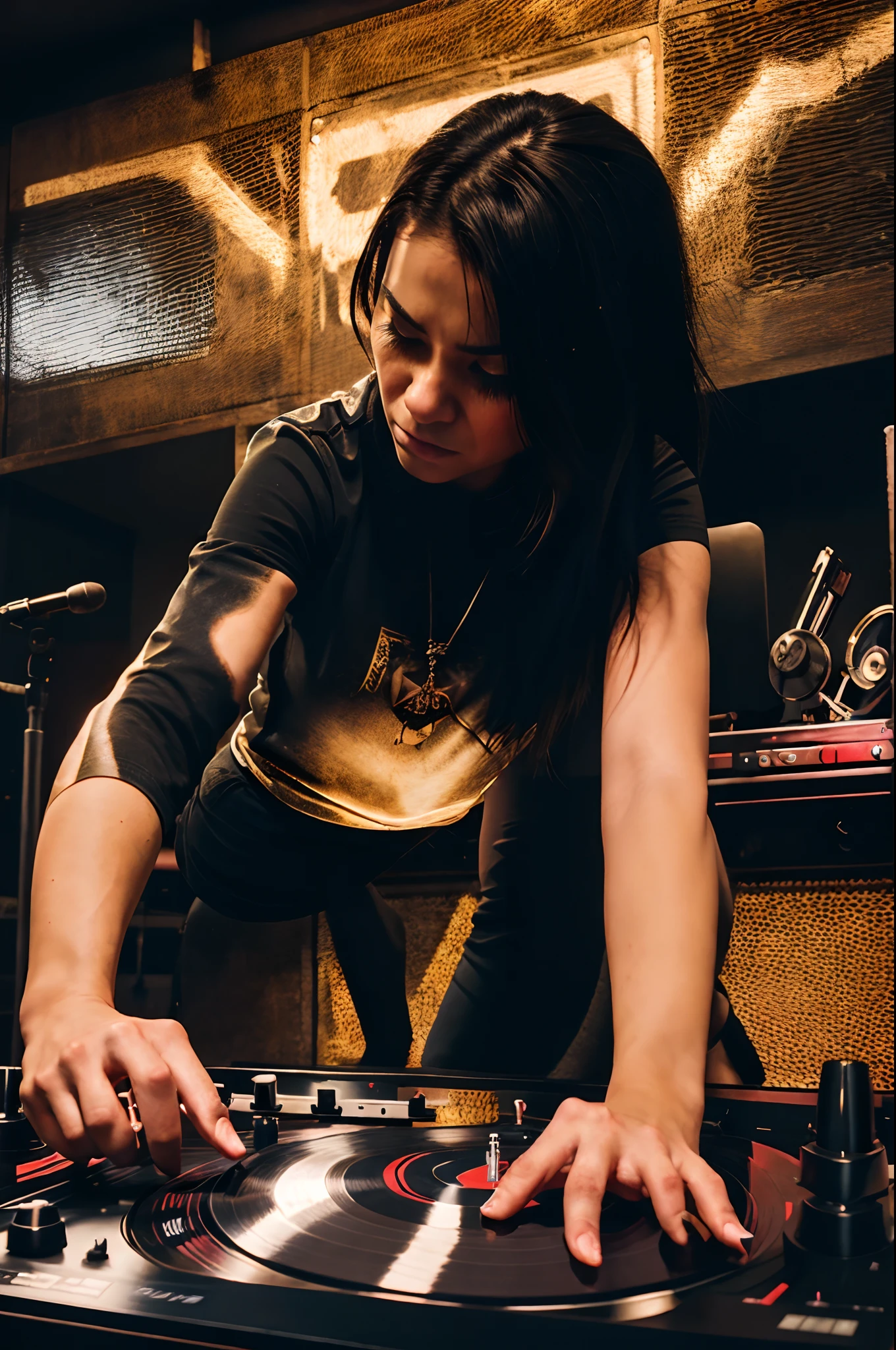 With trembling hands, DJ Luna grabs the vinyl, unleashing a furious scratch. The sound is primal, like a wounded animal's cry. The turntables spin faster, matching the intensity of her emotions.