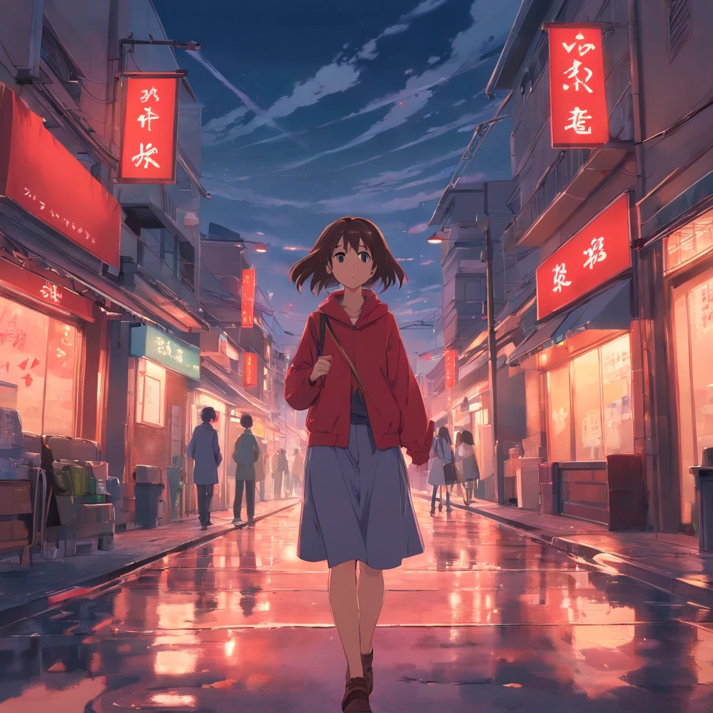 style of anime，Gloomy streets，Skysky.There was a lot of red paper flying on it，On each piece of red paper - a different face