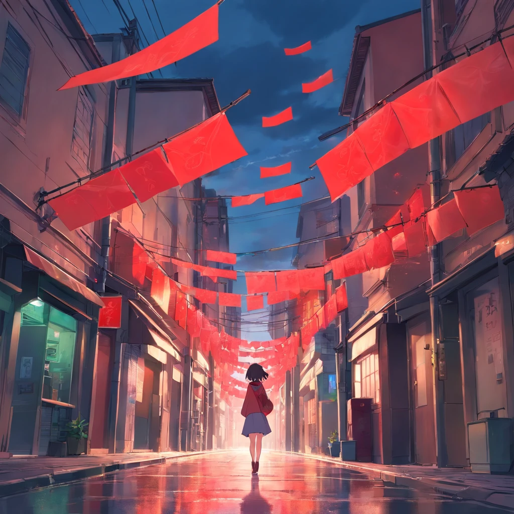 style of anime,Gloomy streets,Skysky.There was a lot of red paper flying on it,On each piece of red paper - a different face
