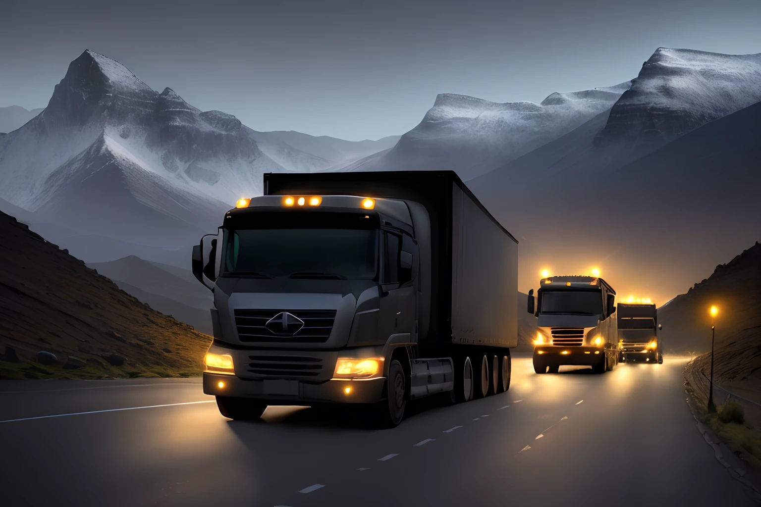 in the dark of night, There are no street lights, Winding mountain road, Black mountains, Mountains, Truck convoy traverses mountains High altitude angle Standing shadows Atmospheric distance sense High resolution Low saturation color Chiaroscuro ray tracing Perspective from afar