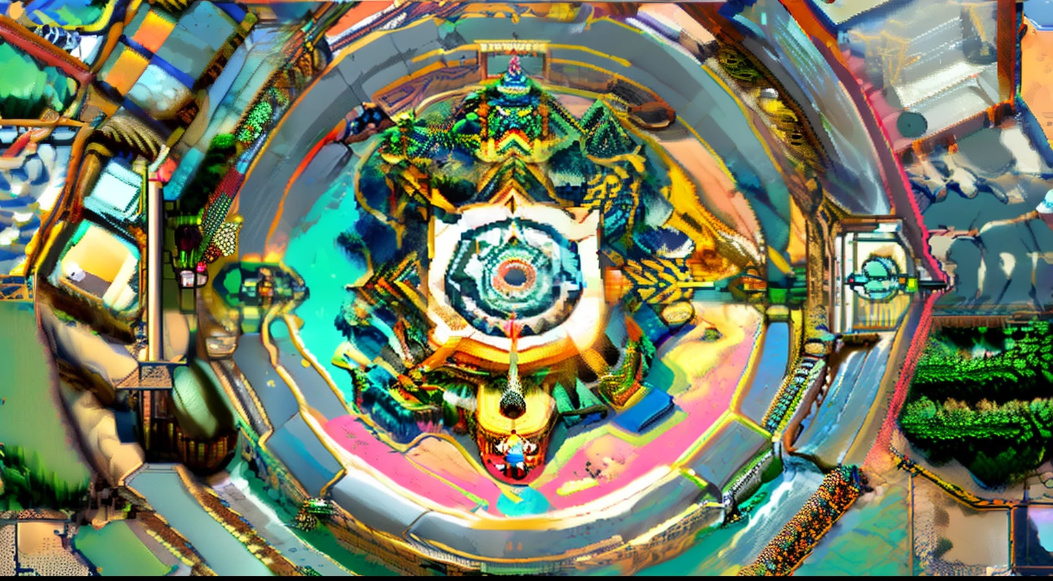 Aerial view of the square building with a fountain in the middle, a beautiful buddhist mandala, giant lotus mandala, color aerial photo drone, upper view, top - view, View from above, Yantra, looking from above, shot from above, photo taken from above, nanquan, Top-down view, top - down view, looking from above, top down shot