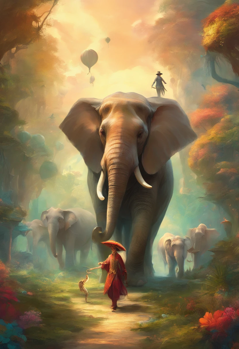 Create an image of a character who is part-human, part-elephant, leading a whimsical parade of animals, from giraffes on stilts to monkeys in bowler hats.
