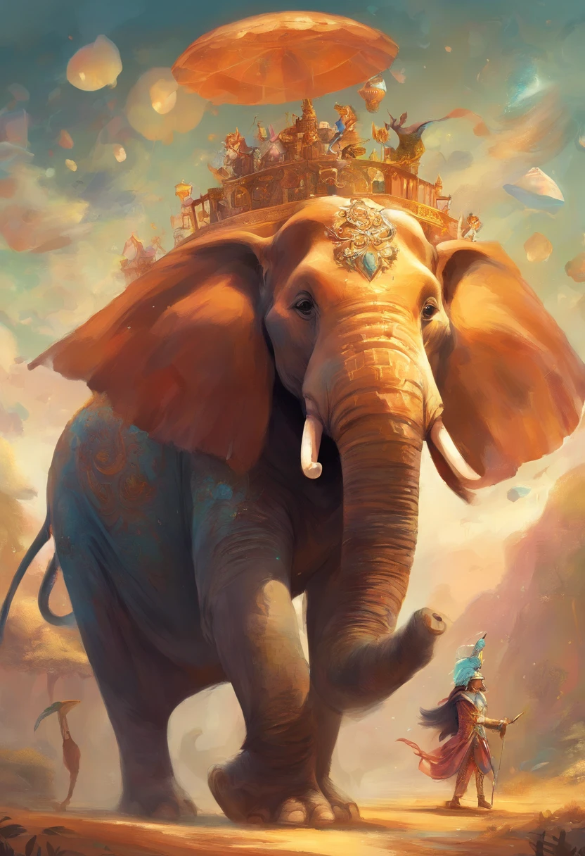 Create an image of a character who is part-human, part-elephant, leading a whimsical parade of animals, from giraffes on stilts to monkeys in bowler hats.