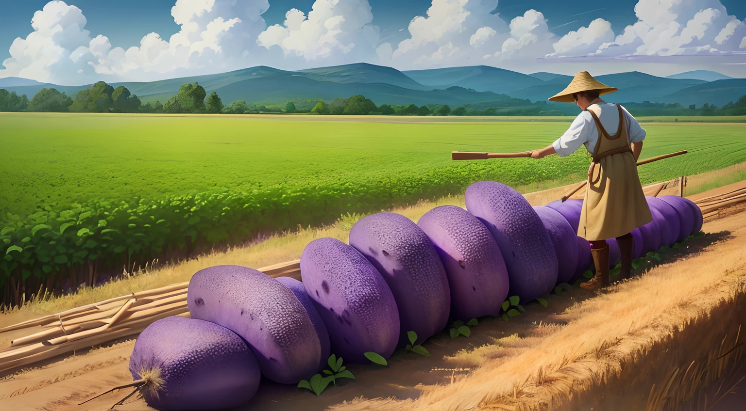 Illustration scene diagram,High quality,Soft lighting,Depth of field(degrees of freedom),Purple yam harvest ,A farmer,Clouds in the distance,Long rounded purple yam