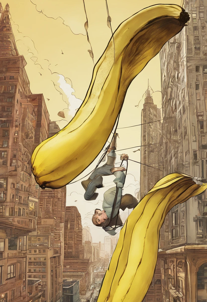 Illustrate a comical scene with a character balancing a top a giant banana peel on a tightrope high above a surreal banana cityscape, closeup, movie poster, surreal,