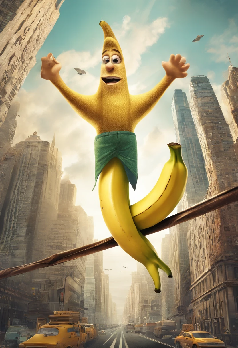 Illustrate a comical scene with a character balancing a top a giant banana peel on a tightrope high above a surreal banana cityscape, closeup, movie poster, surreal,