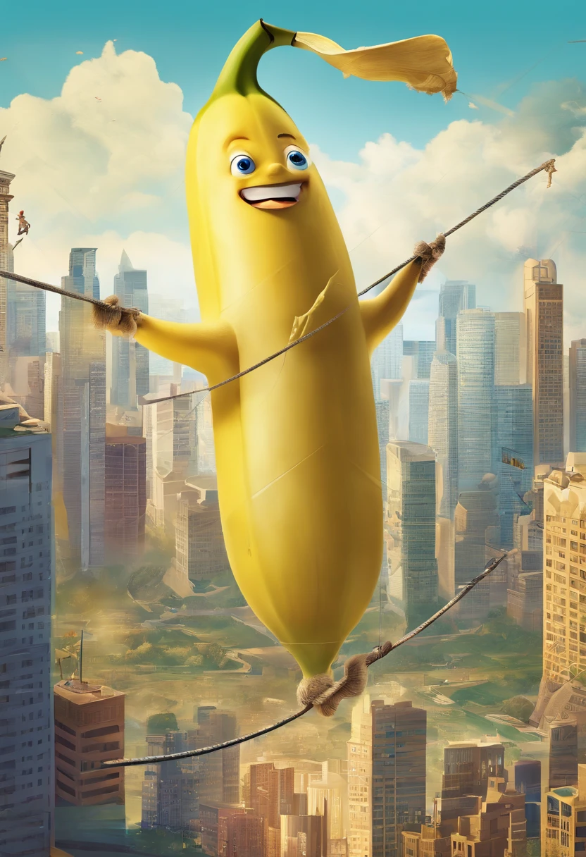 Illustrate a comical scene with a character balancing a top a giant banana peel on a tightrope high above a surreal banana cityscape, closeup, movie poster, surreal,