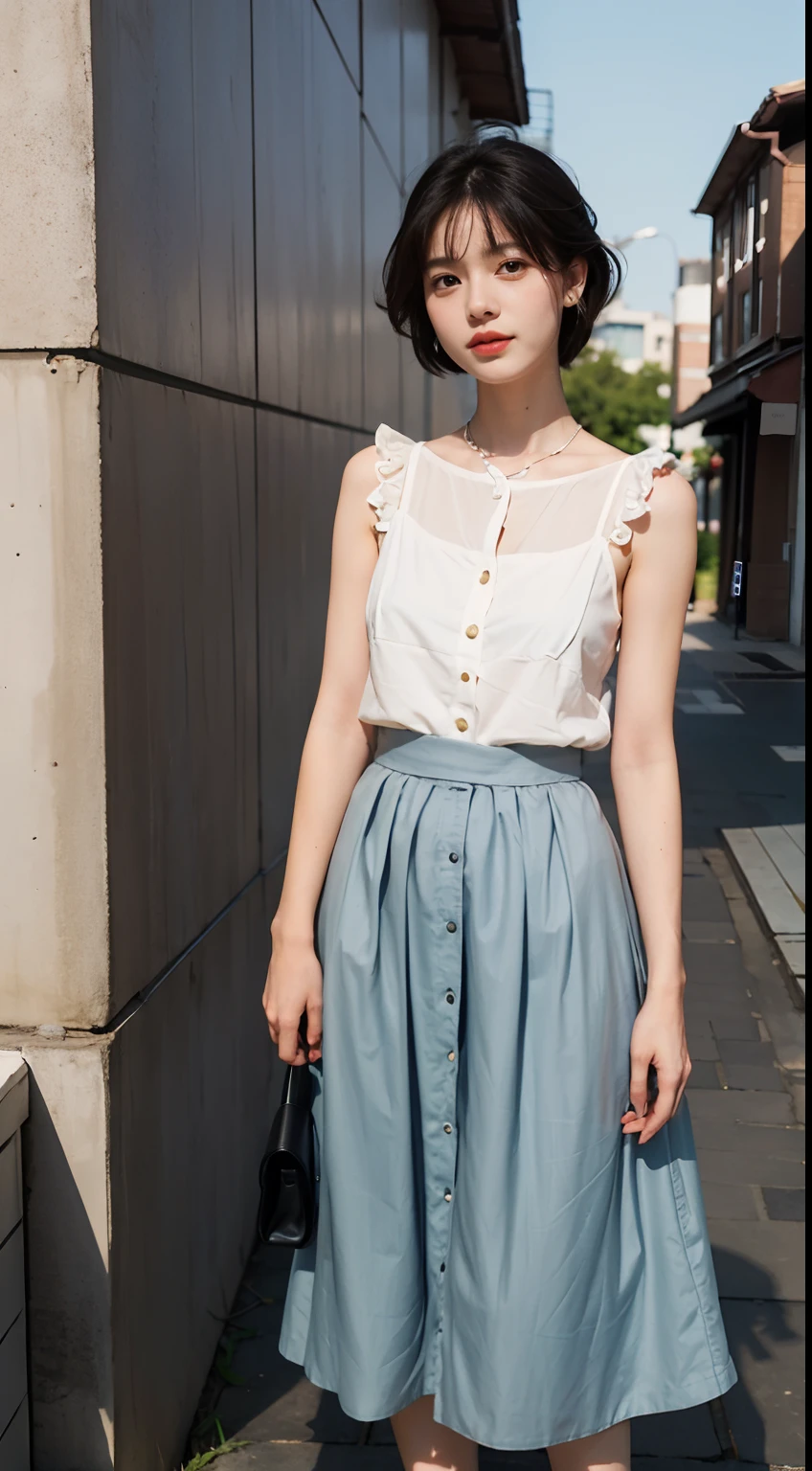 (upper body) , masterpiece , top quality , very detailed , 1 person, (contrasting eyes) , standing , blouse, skirt , bangs , room , indoor