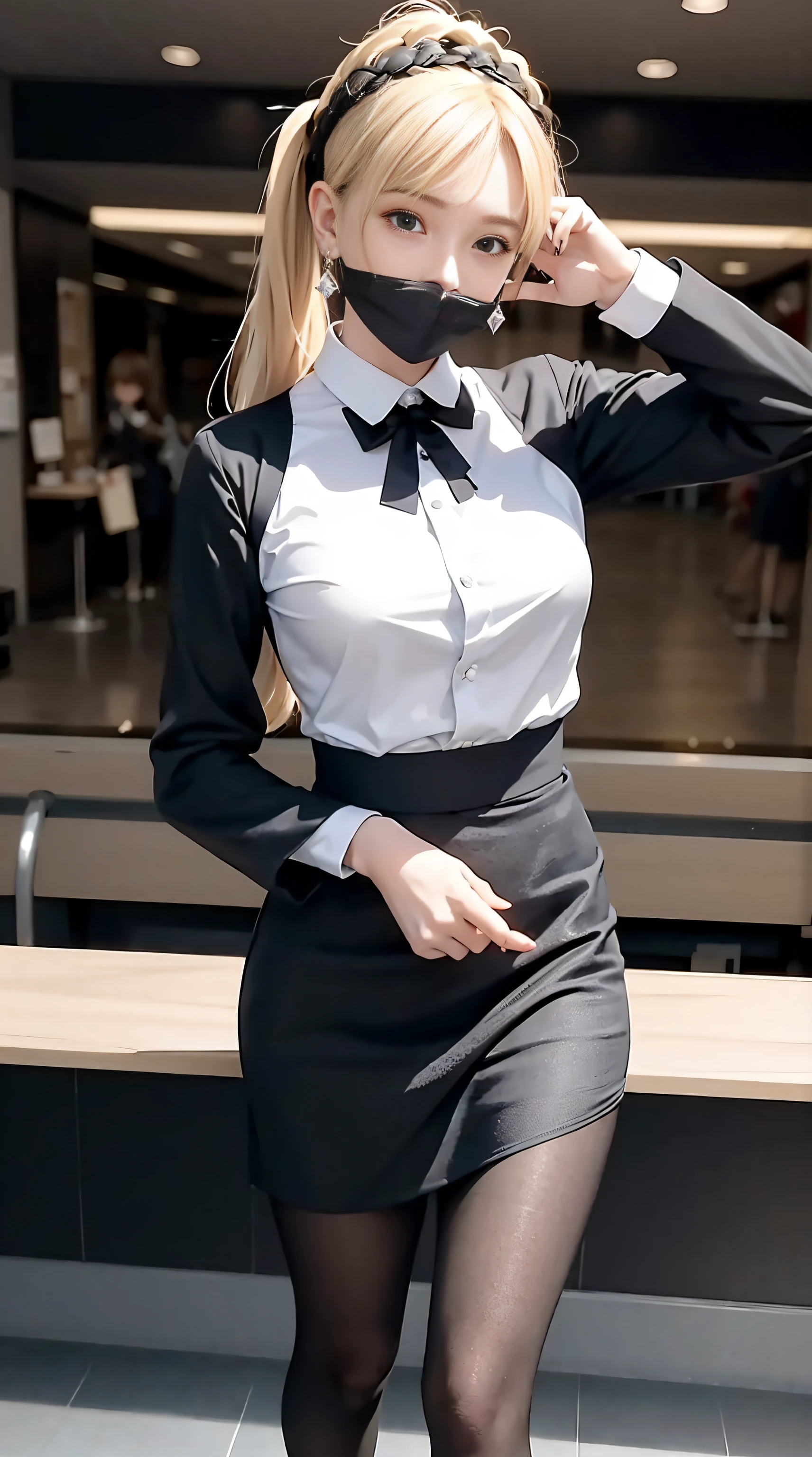 (Masterpiece), Best quality, Highest quality, Detailed and intricate, Original,A high resolution,
\\
(16 yaers old),Extremely detailed_Eyes, Sexy,Breasts,
(eyes liner:0.5),(Blush:0.5),Blonde hair,Simple Diamond Earrings,Detailed skin, pony tails,
view the viewer, Light smile, finger nails,
\\
Flight attendant uniform, (Black pantyhose:1.1),Black high heels, uniform,
Dynamic pose,Perfect ???????,
\\
airport, lounge room,
\\
(Depth of field:1.1),Loli:0.1,Realistic:1.3,(Cinematic composition:1.3),