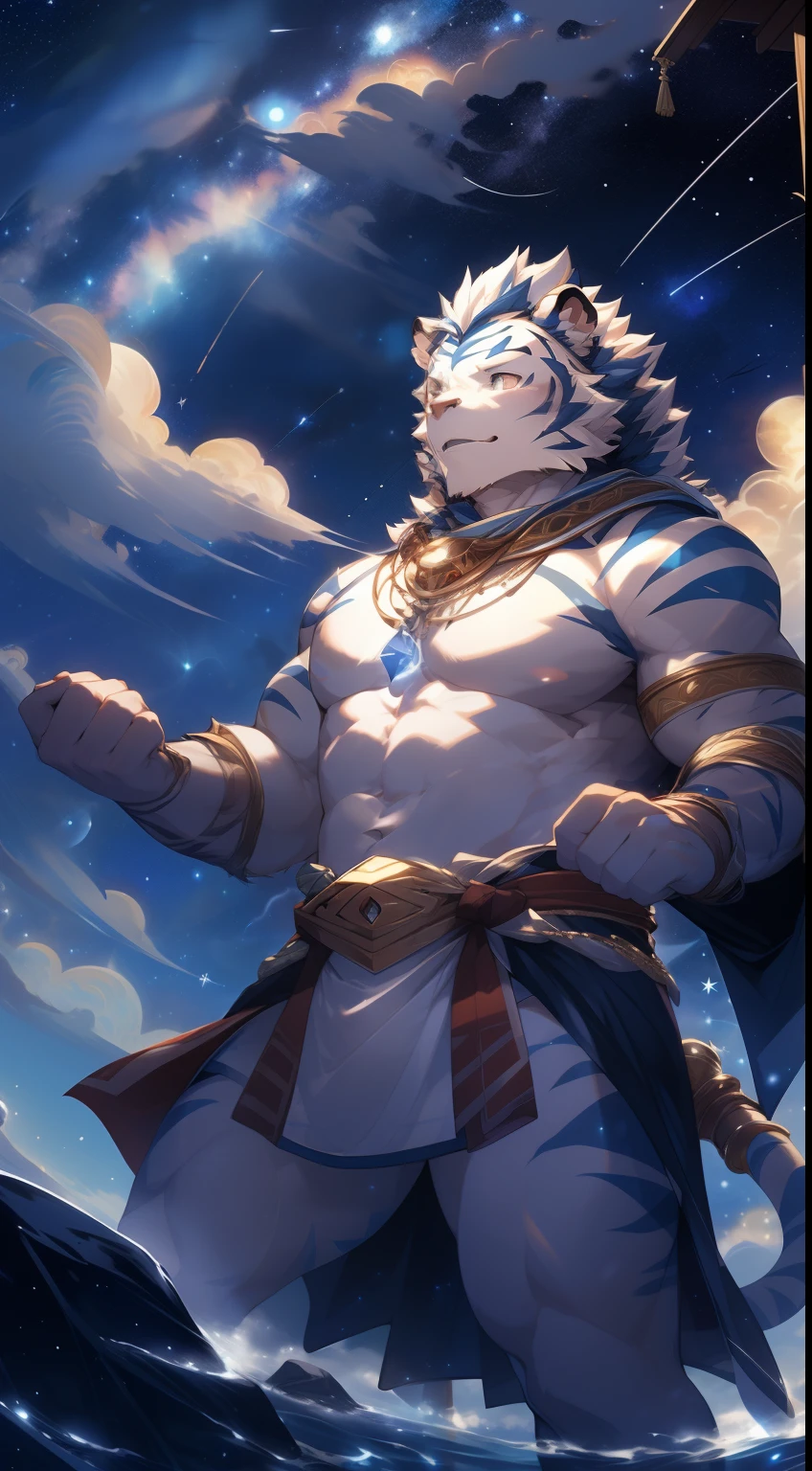 (by null-ghost, by thebigslick, By Darkgem, by Honovy), Kogenta (Onmyoji Oyamaji Temple), high-definition photograph, Perfect anatomy, Anthropomorphic white tiger, male people, 20yr old, Deities, Light blue stripes, Strong body, large pecs, Pink milk clusters, medium bulge, He is suspended in the clouds, Wear a white loose skirt, Divine brilliance, one arm raised, Unleash magic，(Starry sky at night:1.5), Mysterious Expression, Be red in the face, Golden pupils, Look up at the sky, Gold ornaments, Clear facial features, Strong, Solo, fog atmosphere, Clouds, upper sky, meteor shower, extreme light, From above, tack sharp focus，volume fog，8K  UHD，Digital SLR，high qulity，（filmgrain：1.4），Fujifilm XT3，full bodyesbian