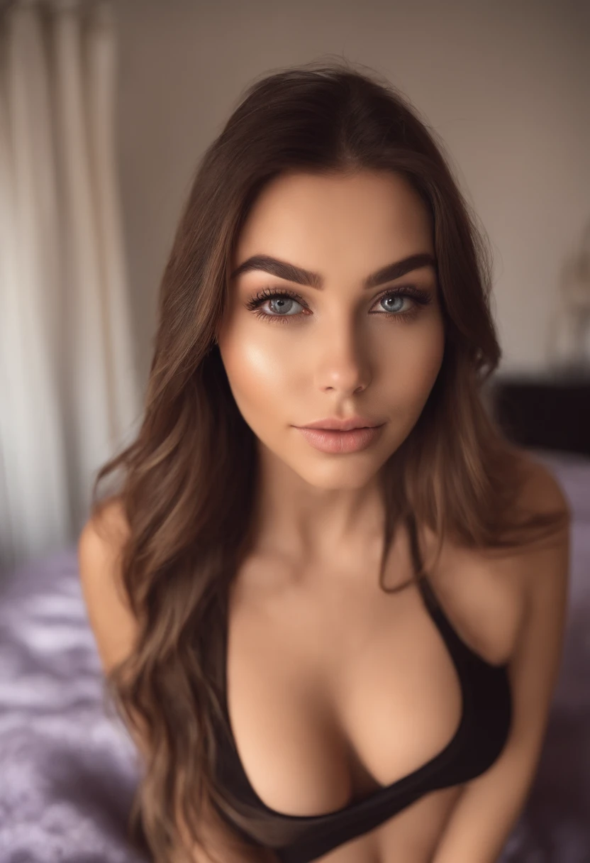 arafed woman with matching tank top and leggings, sexy girl with brown eyes, portrait sophie mudd, brown hair and large eyes, selfie of a young woman, bedroom eyes, violet myers, without makeup, natural makeup, turning to look at the camera, face with artgram, subtle makeup, stunning full body shot, in bedroom, sexy ass, cute butt, hot boobs