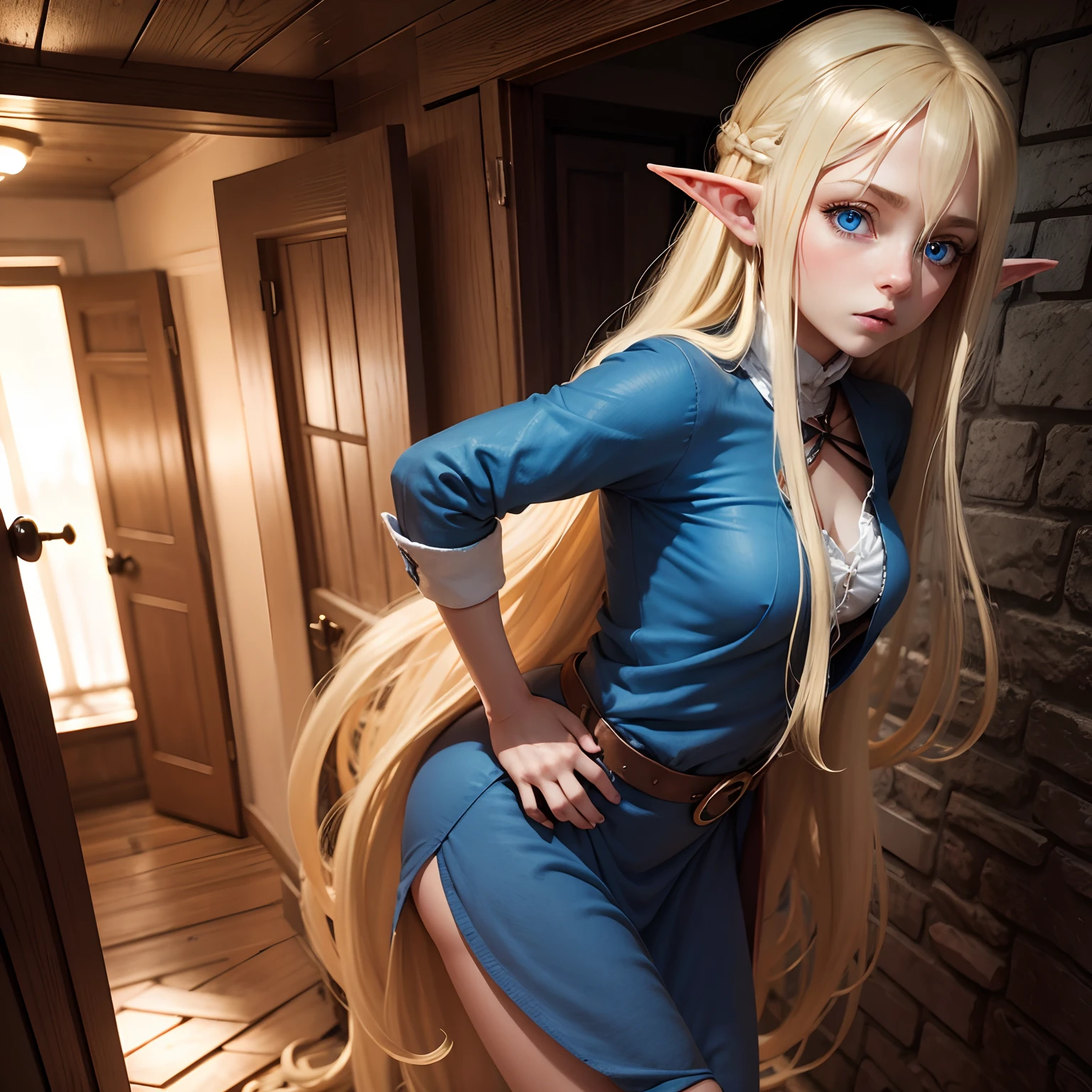 blonde elf girl with long hair and blue eyes, who is raped by man in behind in the basement.