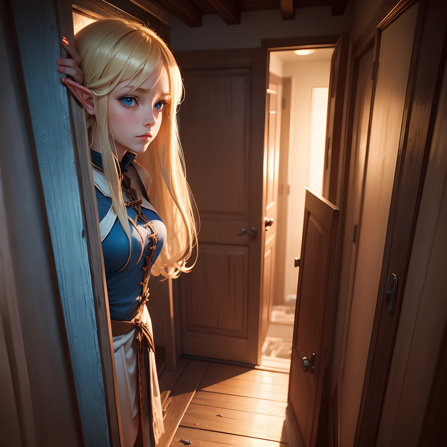 blonde elf girl with long hair and blue eyes, who is raped by man in behind in the basement.