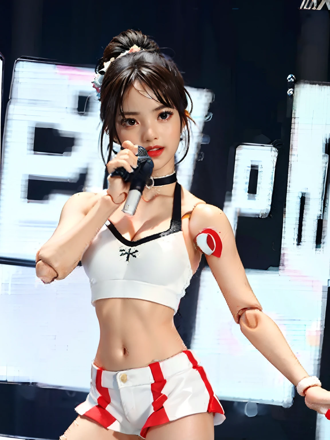 1girl, action figure, Figma, doll, dancing and singing pose, holding a microphone, black daisy duke, white tanktop, black choker,