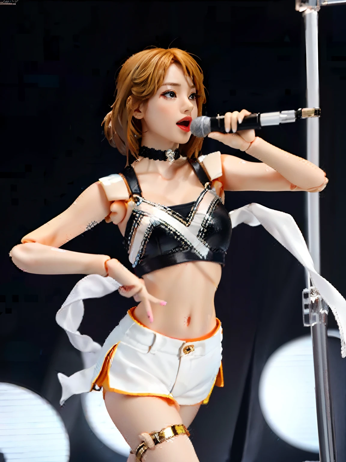 1girl, action figure, Figma, doll, dancing and singing pose, holding a microphone, black daisy duke, white tanktop, black choker,