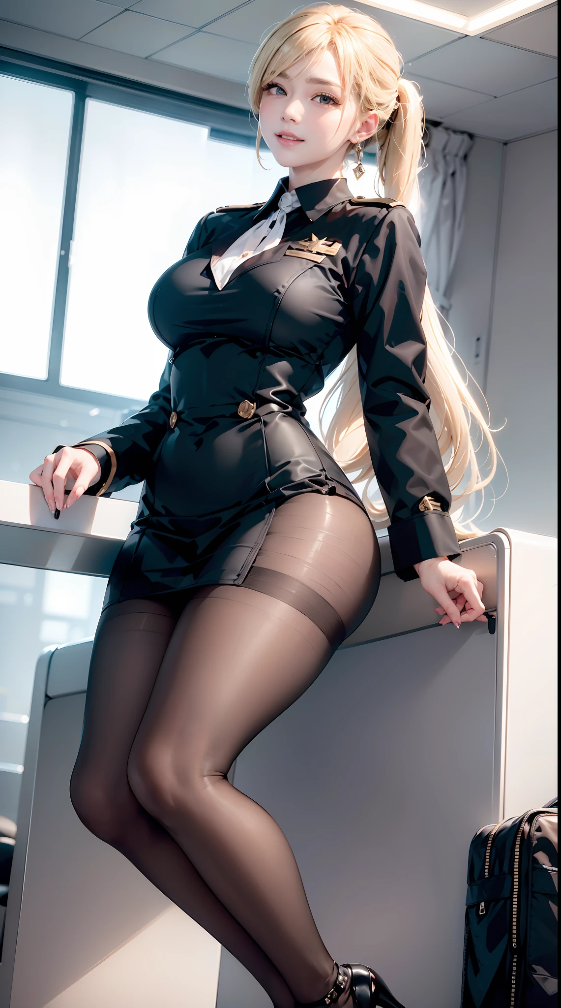 (Masterpiece), Best quality, Highest quality,  Detailed and intricate, Original,A high resolution,\\(16 yaers old),Extremely detailed_Eyes, Sexy,Breasts,(eyes liner:0.5),(Blush:0.5),Blonde hair,Simple Diamond Earrings,Detailed skin,  pony tails, view the viewer, Light smile, finger nails,\\Flight attendant uniform, (Black pantyhose:1.1),Black high heels, uniform,Dynamic pose,Perfect anatomy,\\airport, lounge room,\\:0.1,Realistic:1.3,(Cinematic composition:1.3),