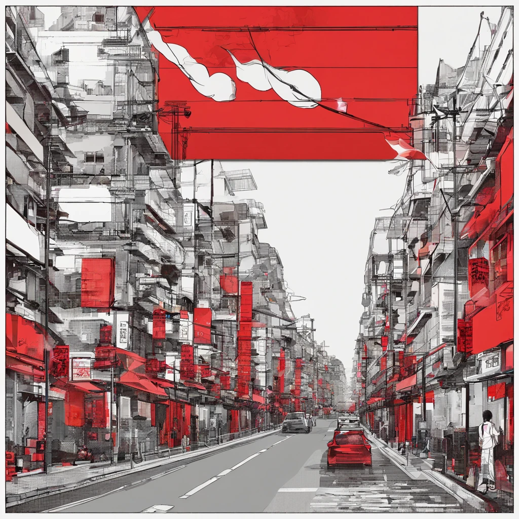 style of anime，Gloomy streets，Skysky.There was a lot of red paper flying on it，On each piece of red paper - a different face