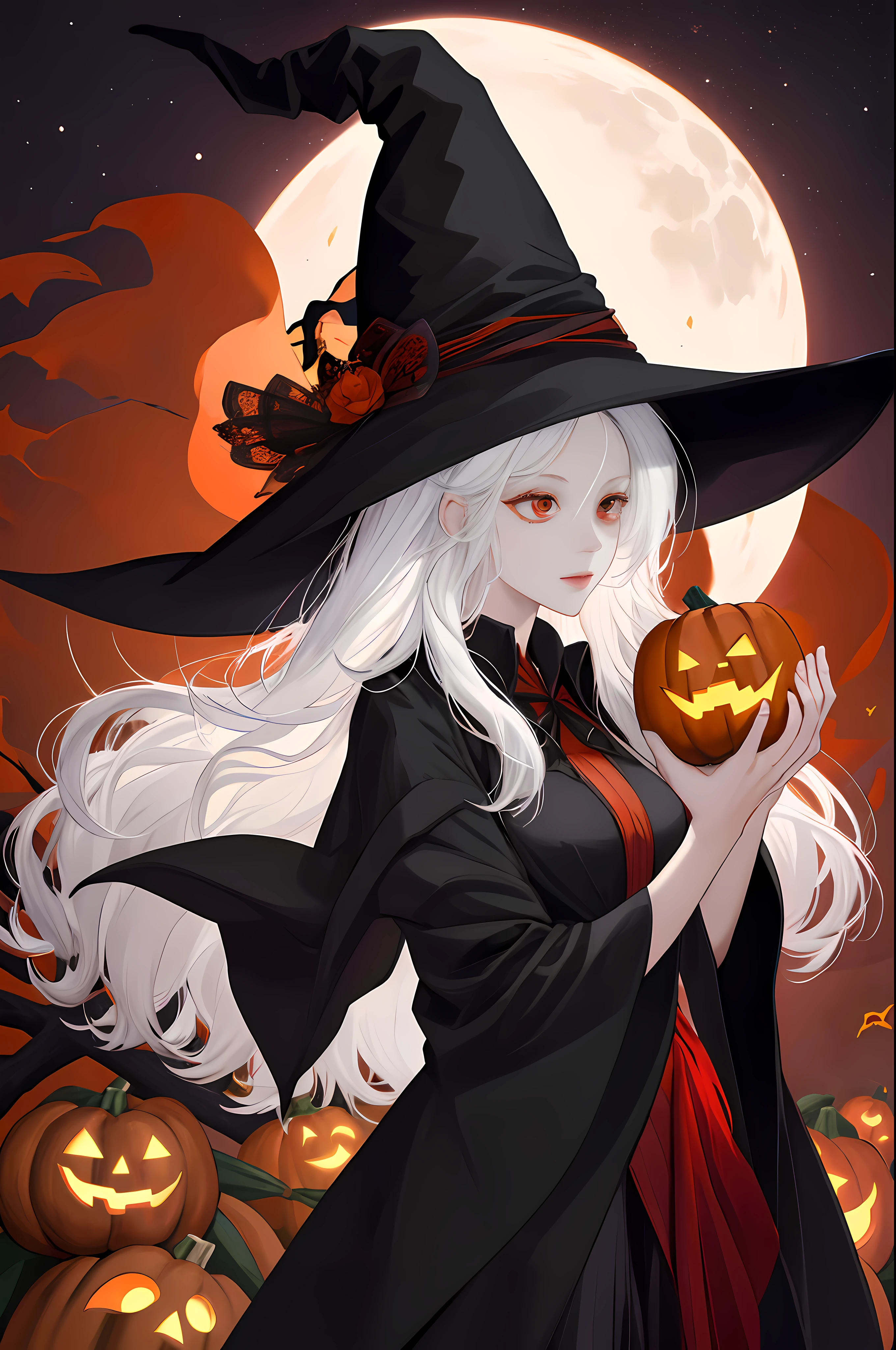 There's a woman in a witch costume holding two pumpkins, a witch hat, a witch outfit, a black outfit, white hair,  Halloween night background, red eyes, a pretty girl