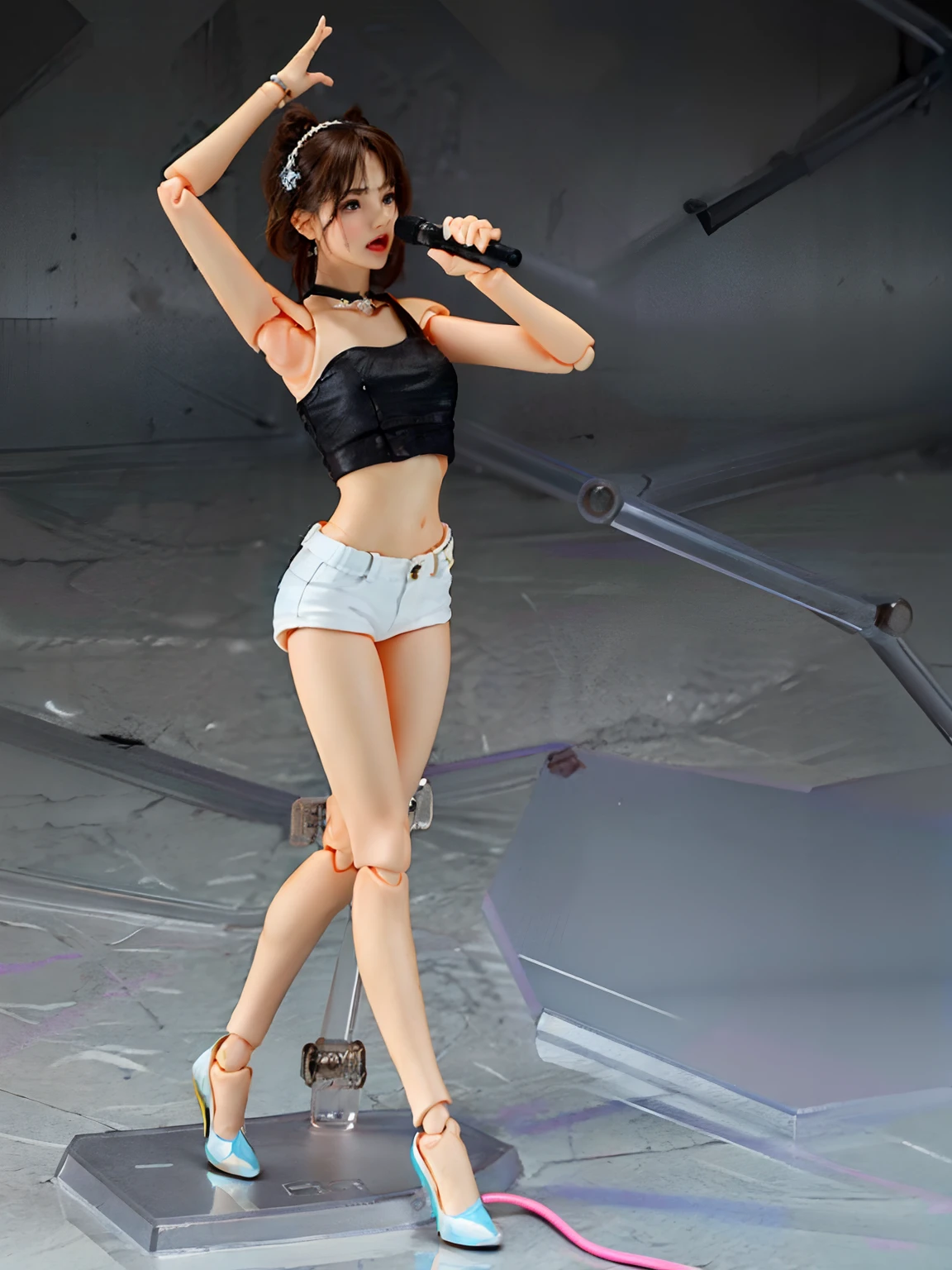 1girl, action figure, Figma, doll, dancing and singing pose, holding a microphone, black daisy duke, white tanktop, black choker,