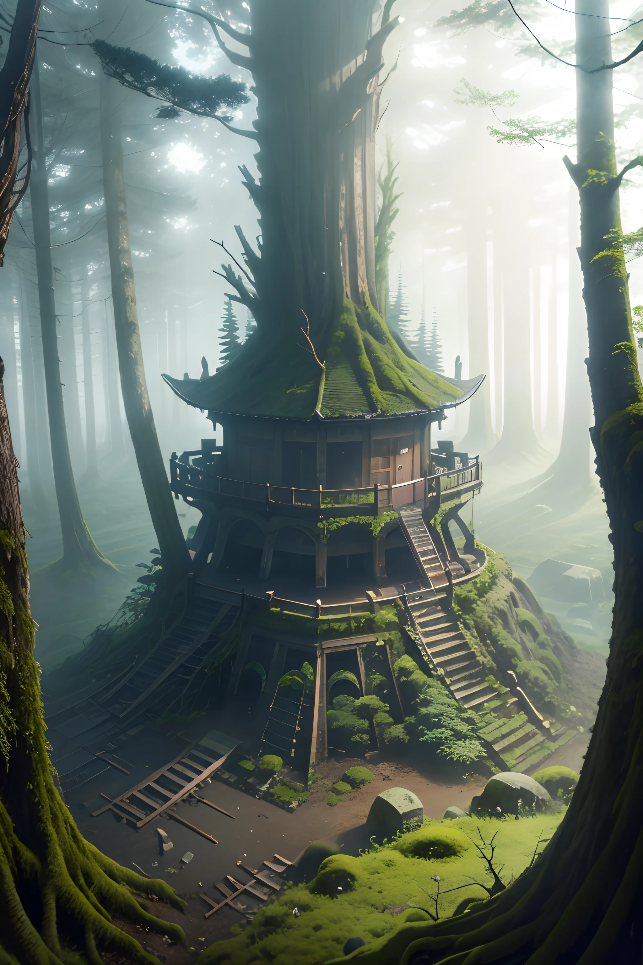 landscapes、Sea of trees、Foggy、Nature seen from below、Relics that fell to the ground and grew moss