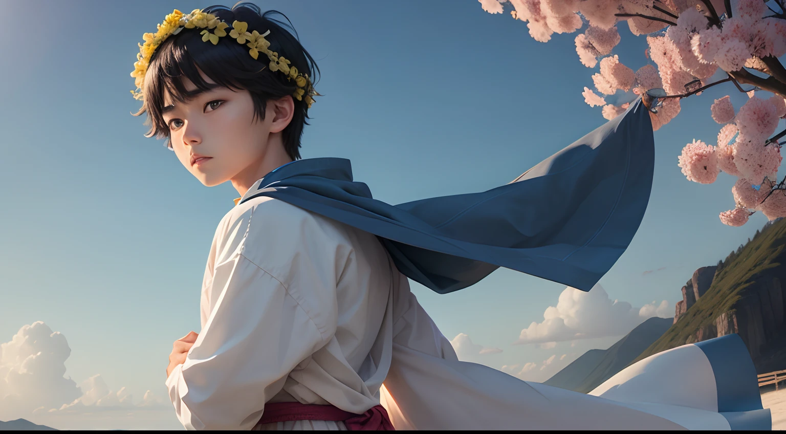 A beautiful boy boy man,Stand under the blue sky,Asian looks,korean people,Korean boy,Beautiful Korean boy,breathtaking beauty, or sixteen an adult,largeeyes,Looks like a girl,Big winter,The clothes were tightly wrapped,without a beard,No muscles,appropriatelydressed,Wearing a flower crown on his head,Colorful hair,Looks pure and sweet,Well-behaved and cute,The expression is sweet