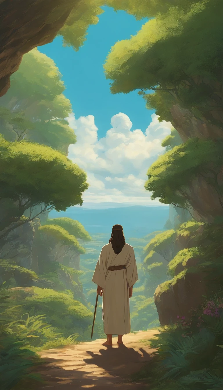 Jesus is a biblical character, pessoas no deserto em volta de Jesus ao centro. Let your imagination run wild with vivid and diverse depictions of these infamous characters, no estilo do Studio Ghibli, Estilo Makoto Shinkai."
