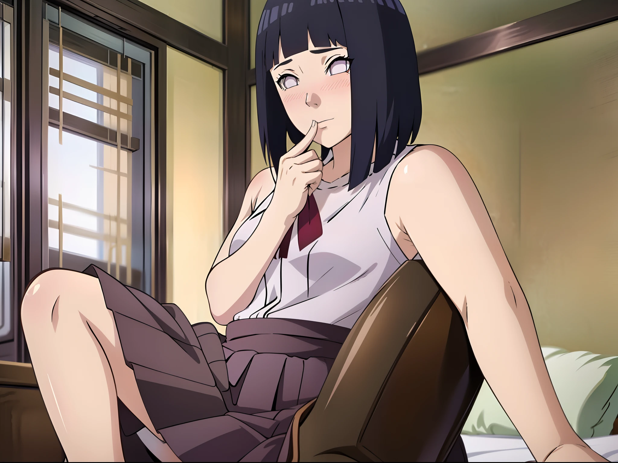 Hinata(Boruto),Hinata,Keep your mouth shut,exhilarated,Be red in the face,detailed finger,tmasterpiece,hoang lap,(((1girll:1.5,a matural female,Solo))),on top of the bed,a skirt,sitted,bound legs,business dress,Pull up her skirt,((perspire,Be red in the face,Blush:1.5)),Particularly heavy blush