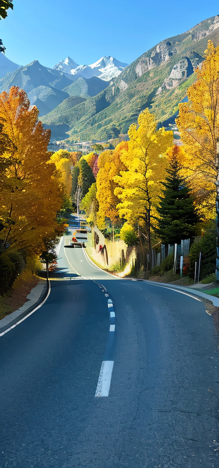 autumnal,blue-sky,Mountains,Golden trees,Downhill road,Heads-up,NOhumans,No car