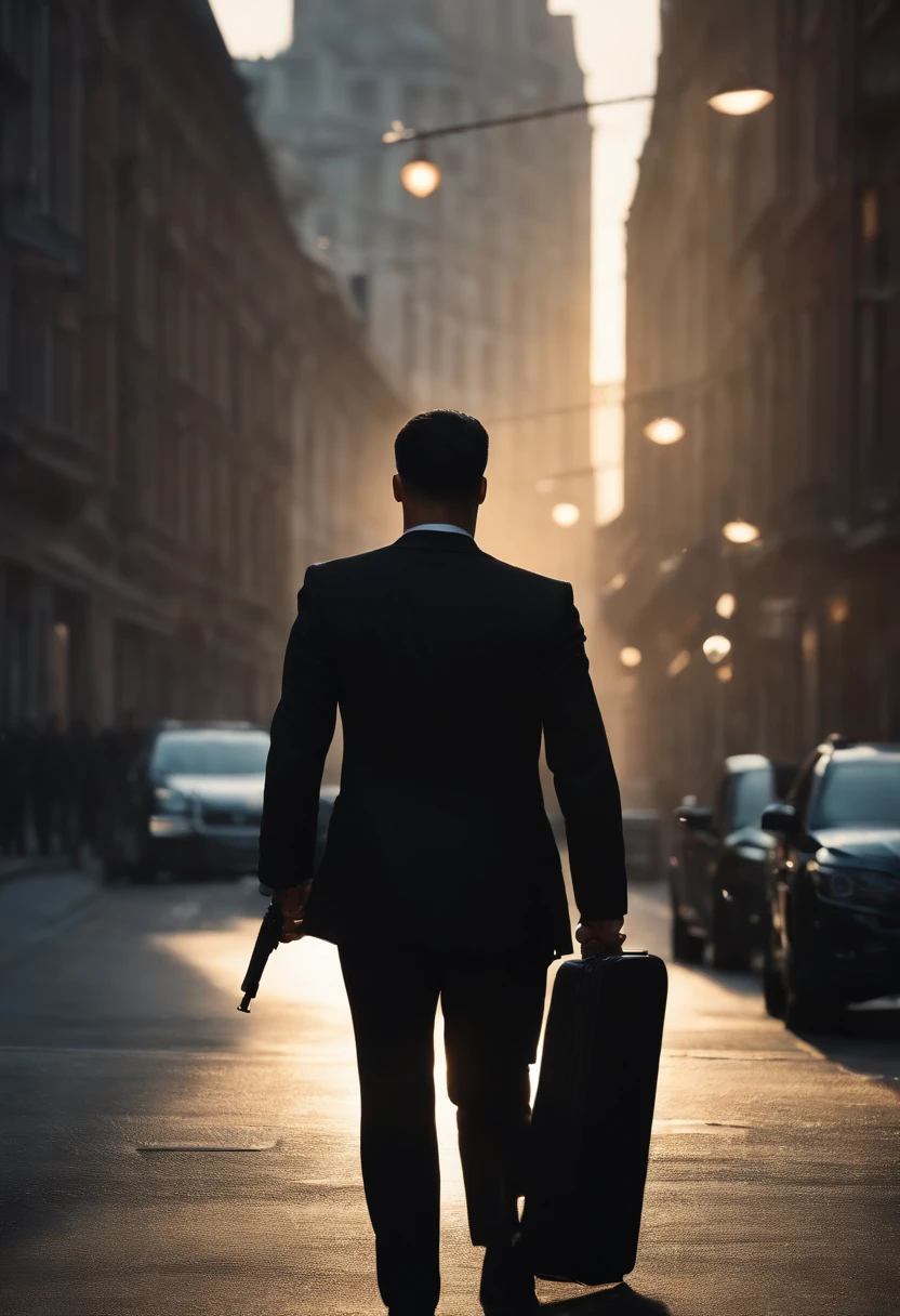 (best quality,4k,8k,highres,masterpiece:1.2),ultra-detailed,(realistic,photorealistic,photo-realistic:1.37),street,cityscape,weapon,black suit,Chinese mafia,menacing expression,sunlight