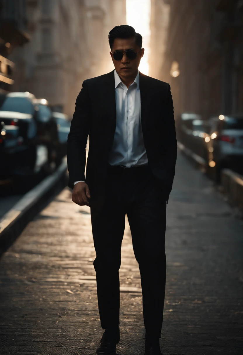 (best quality,4k,8k,highres,masterpiece:1.2),ultra-detailed,(realistic,photorealistic,photo-realistic:1.37),street,cityscape,weapon,black suit,Chinese mafia,menacing expression,sunlight